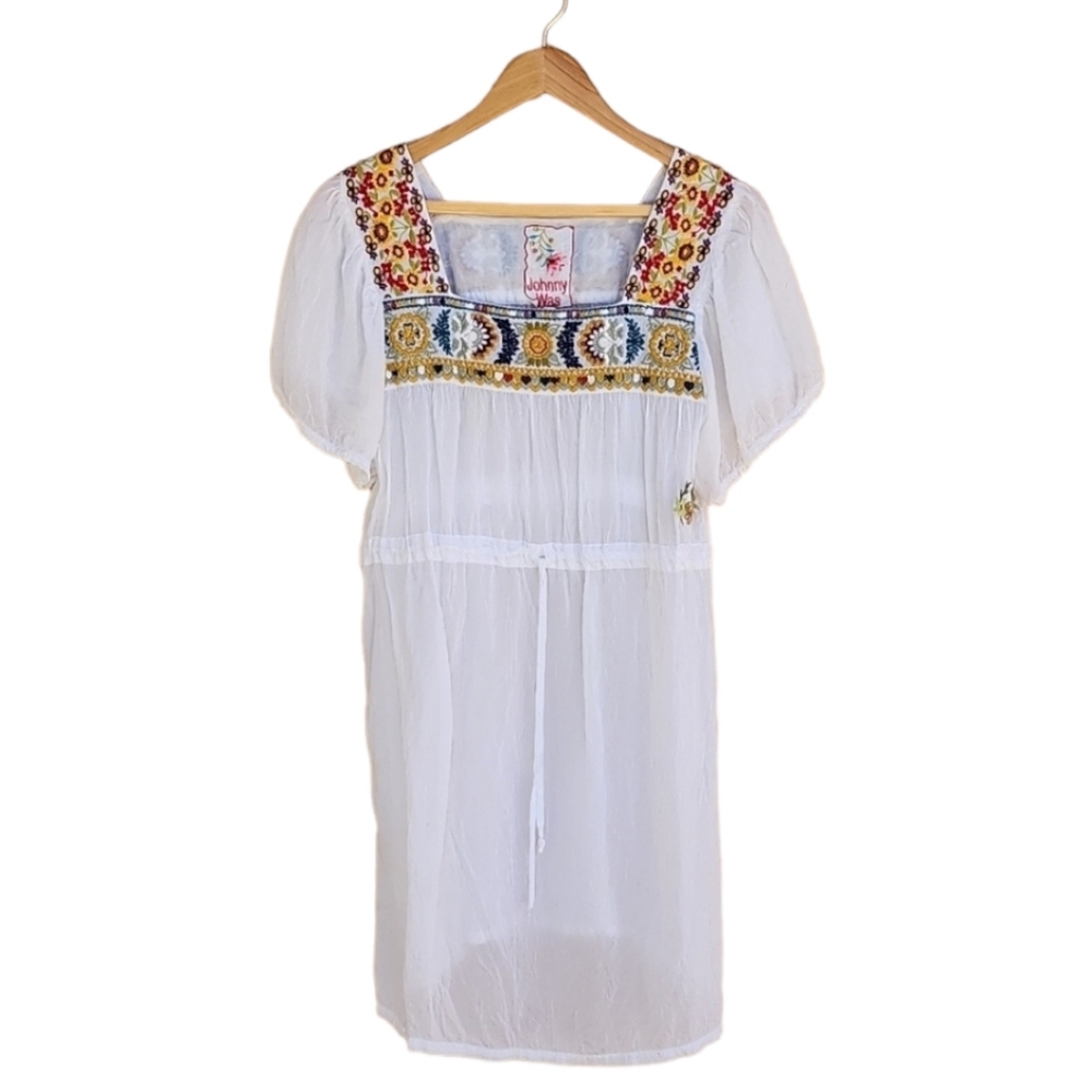 JOHNNY WAS ANTHRO White Embroidered Cotton Mini Dress M Boho Cover Up Mexico - Picture 5 of 17
